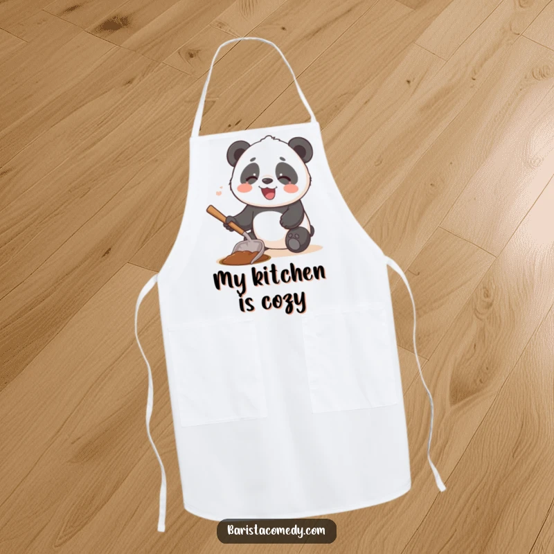 Funny giggling panda using a coffee scoop as a tiny shovel on this practical and amusing apron.