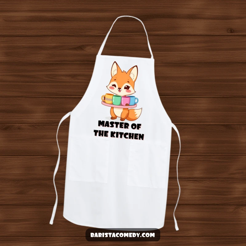 This funny apron features a smiling fox presenting a tray brimming with colorful mugs.
