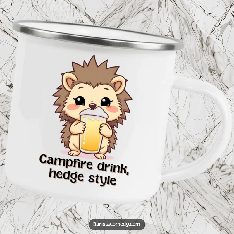 Funny Hedgehog Enamel Camping Mug, a durable and humorous cup with a cheerful hedgehog holding a drink, funny gift.