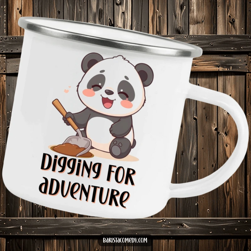 Funny giggling panda using a coffee scoop as a tiny shovel on this sturdy camping mug.
