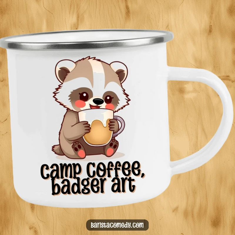 Funny Badger Enamel Camping Mug, a durable and humorous cup with a badger comically making latte art, funny gift.