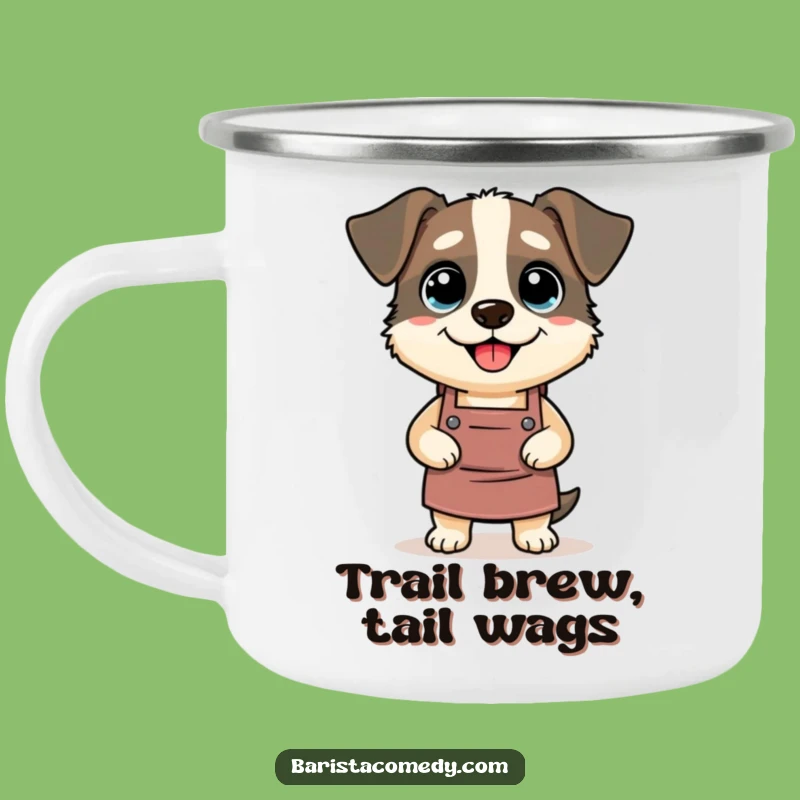 Funny Dog Barista Enamel Camping Mug: Hilarious Outdoor Coffee Companion