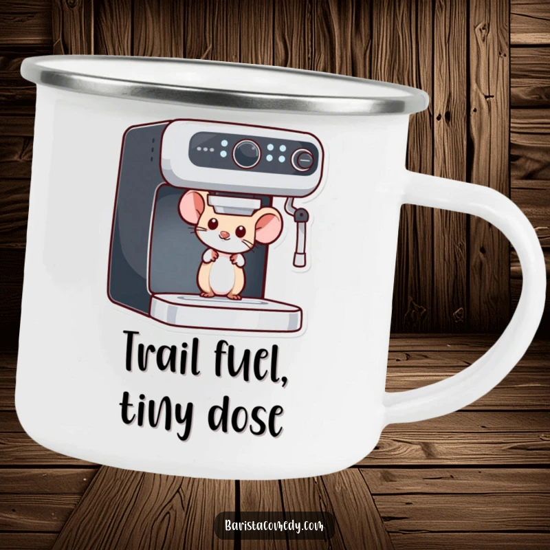 Funny Mouse Peeking Enamel Camping Mug, a durable and humorous cup with a curious mouse near an espresso machine, funny gift.