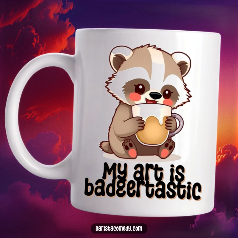 Funny Badger Latte Art Mug featuring a happy badger comically making latte art, a perfect funny gift.