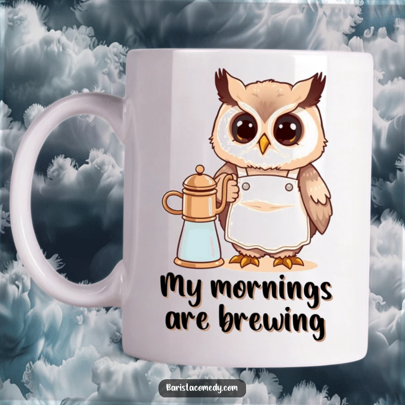 Funny cute owl wearing a tiny apron, happily frothing milk with a coffee steamer, making this mug a delightful gift.