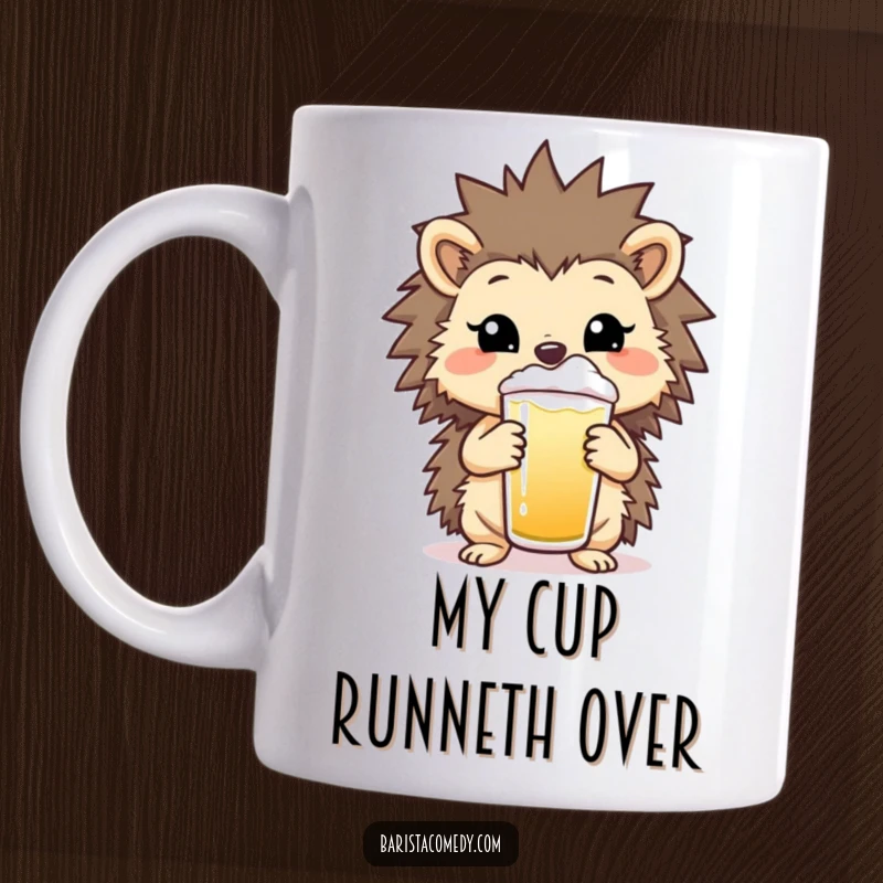 Funny Hedgehog Frothy Beverage Mug showcasing a happy hedgehog holding a cup with foam, a perfect funny gift.