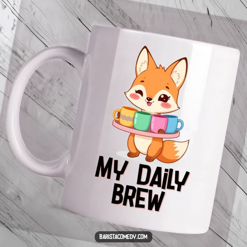 Funny smiling fox with a tray full of colorful mugs, bringing cheer to this delightful mug.