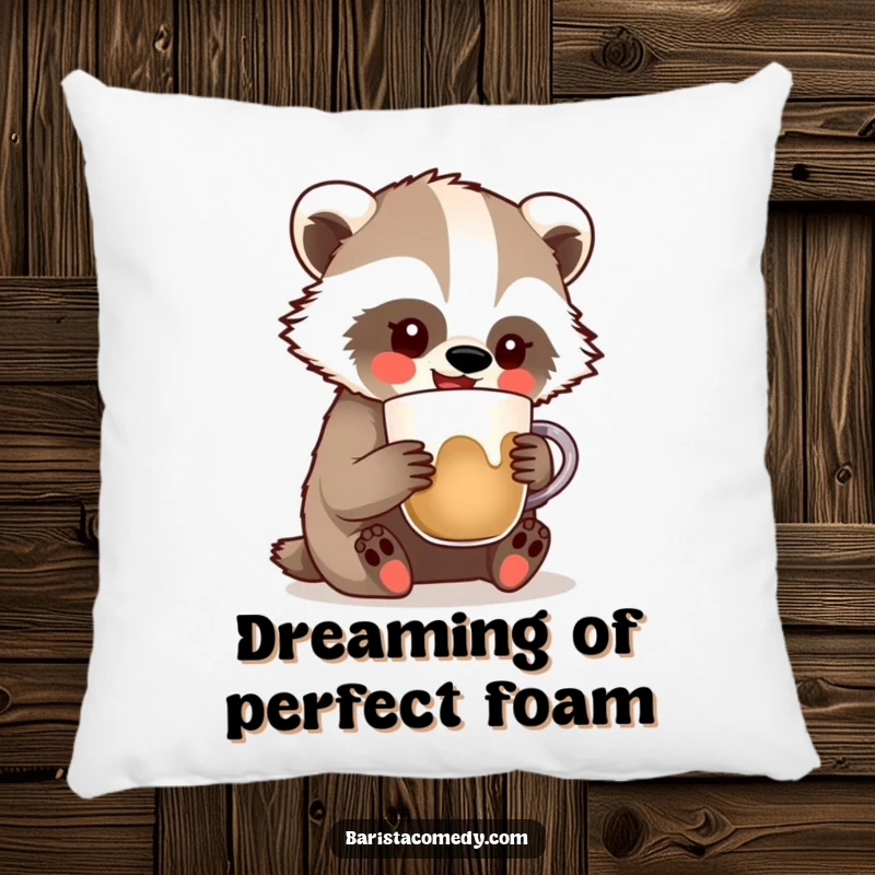 Funny Badger Latte Art Pillow, soft and decorative with a badger comically making latte art, a great funny gift.