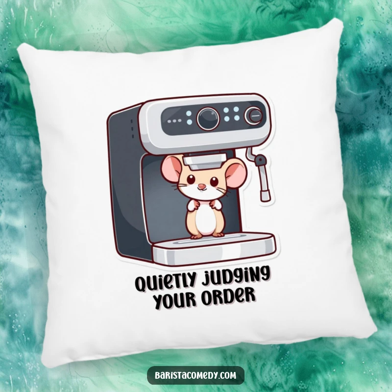 Funny Mouse Peeking Pillow, soft and decorative with a curious mouse near an espresso machine, a great funny gift.