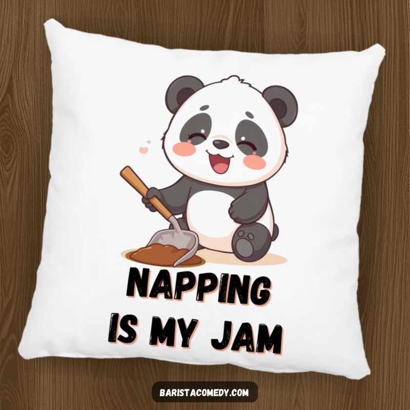 A giggling panda uses a coffee scoop as a small shovel on this soft and funny decorative pillow.