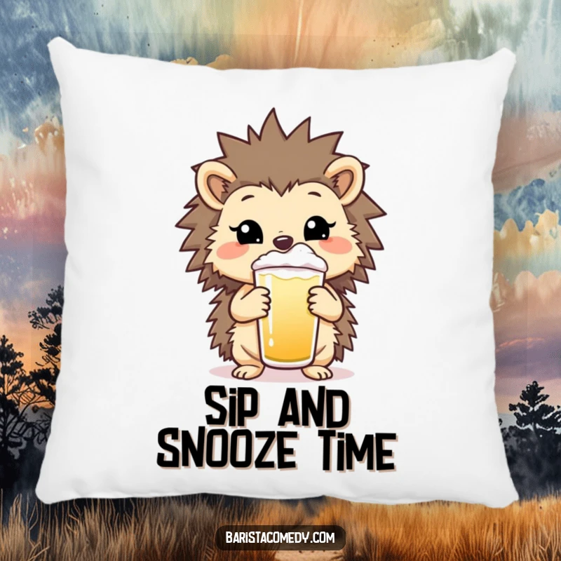 Funny Hedgehog Frothy Pillow, soft and decorative with a cheerful hedgehog holding a beverage, a great funny gift.