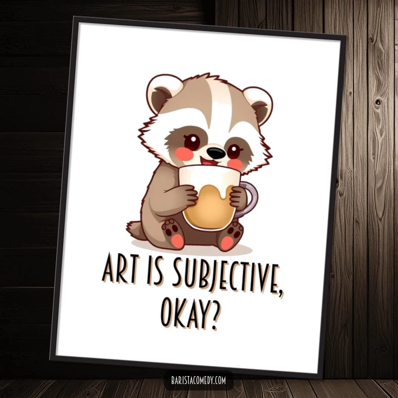 Funny Badger Latte Art Digital Art Print, humorous artwork of a badger comically creating latte art, ideal funny gift.