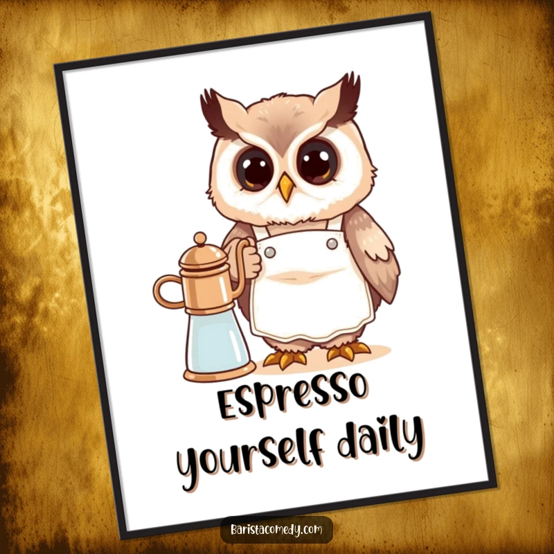 Funny cute owl in a tiny apron, steaming milk, rendered as a digital art print for humorous coffee-themed decor.
