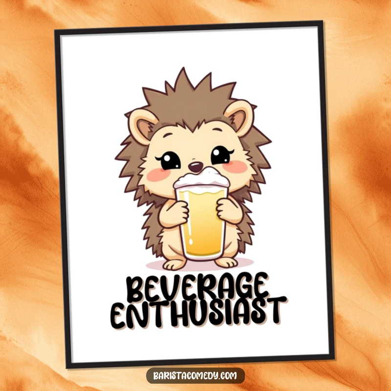 Funny Hedgehog Frothy Digital Art Print, humorous artwork of a cheerful hedgehog holding a drink, ideal funny gift.