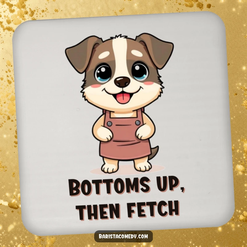 Funny Dog Barista Drink Coaster, humorous accessory with a silly dog wearing a barista apron, perfect funny gift.