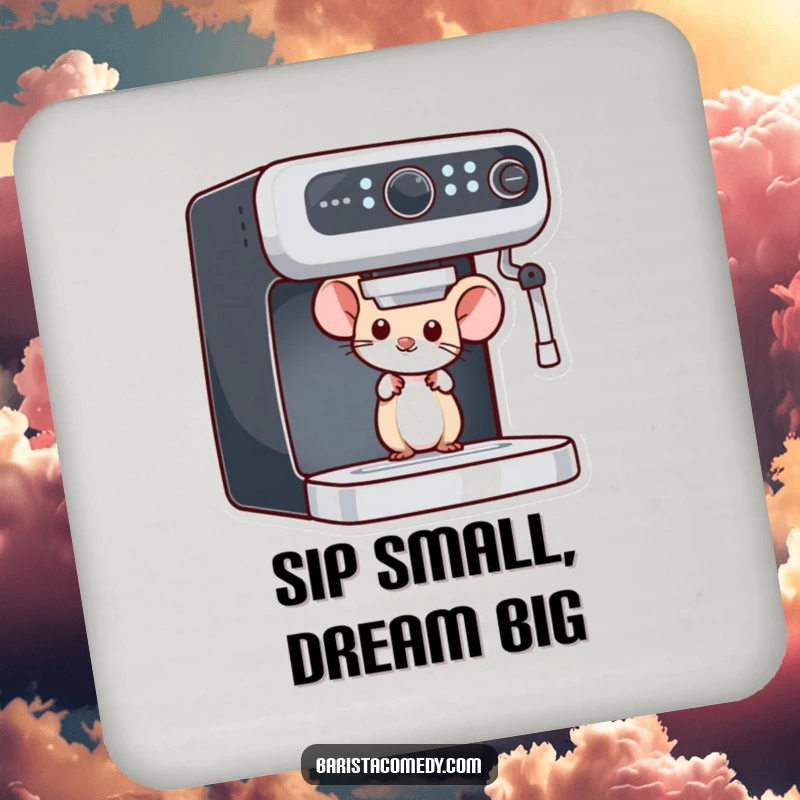 Funny Mouse Peeking Drink Coaster, humorous accessory featuring a curious mouse by an espresso machine, perfect funny gift.