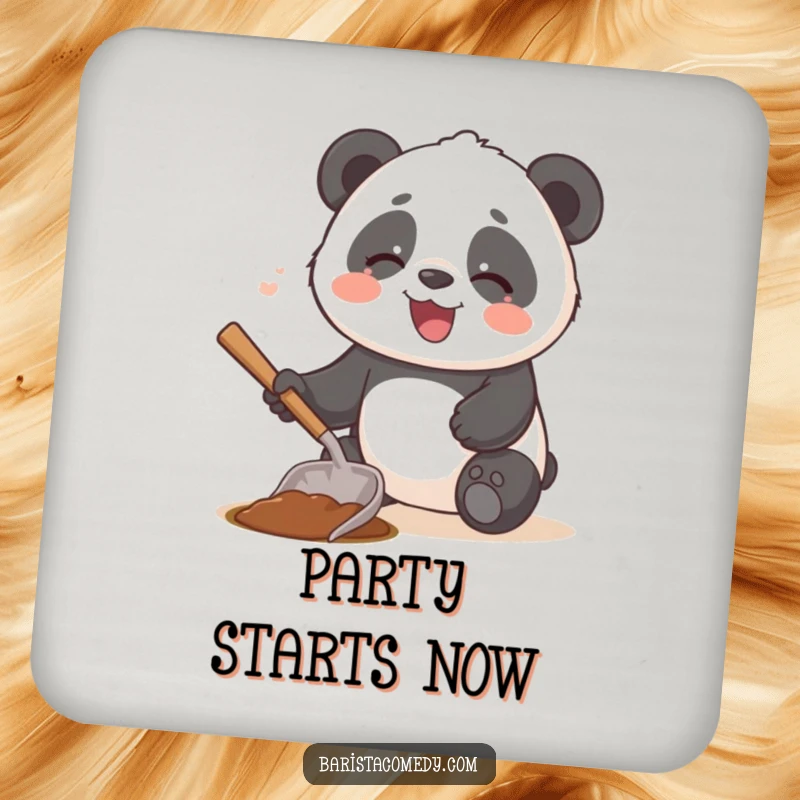 Funny giggling panda using a coffee scoop as a tiny shovel, designed as a charming drink coaster.