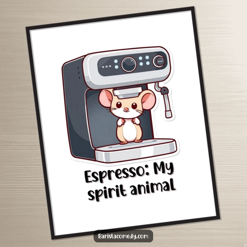 Funny Mouse Peeking Poster, humorous wall art depicting a curious mouse by an espresso machine, a perfect funny gift.