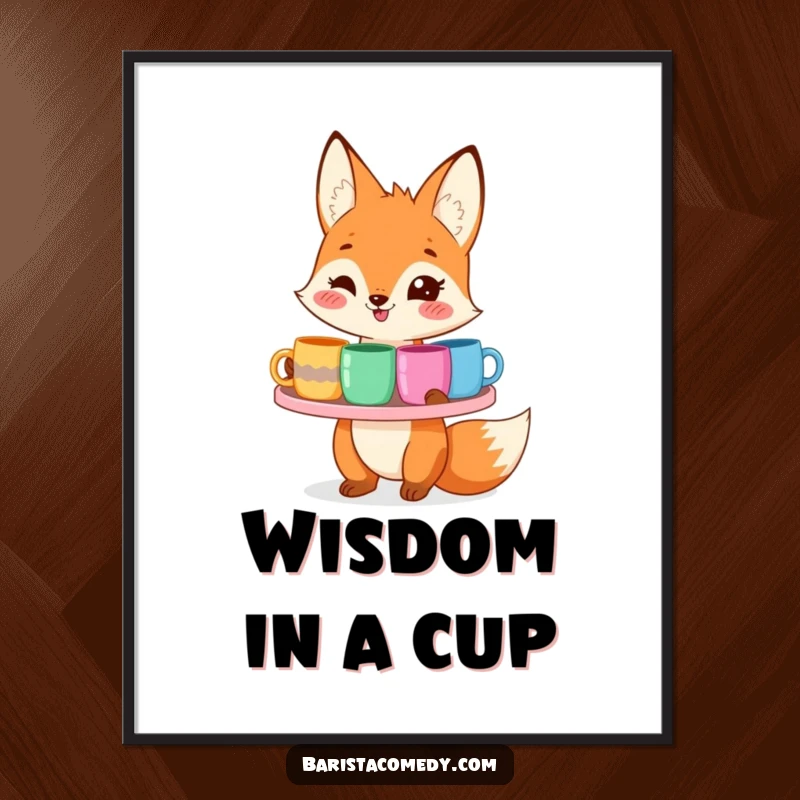 Funny smiling fox with a tray overflowing with colorful mugs, displayed as a cheerful poster.