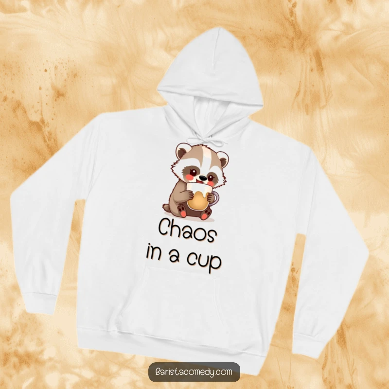 Funny Badger Latte Art Hoodie, a cozy garment with a happy badger comically creating latte art, ideal funny gift.