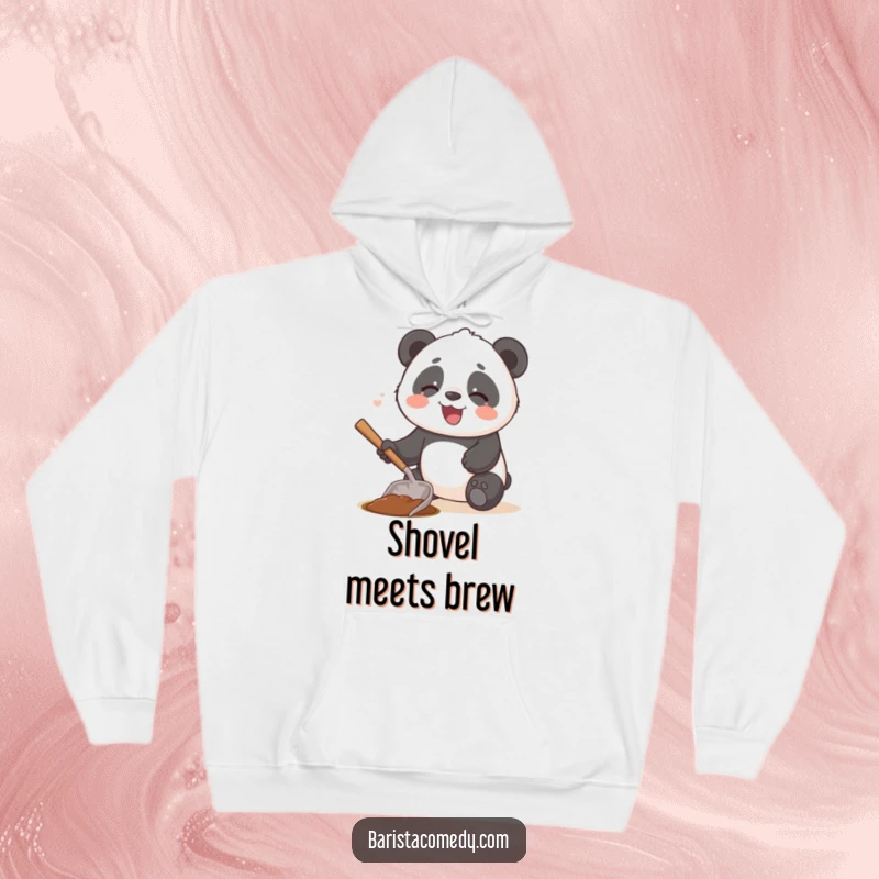 Funny giggling panda using a coffee scoop as a small shovel, featured on a warm and cozy hoodie.