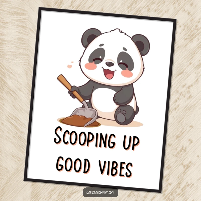 Funny Free Printable Panda Wall Art, a giggling panda using a coffee scoop as a tiny shovel, a playful and humorous piece.