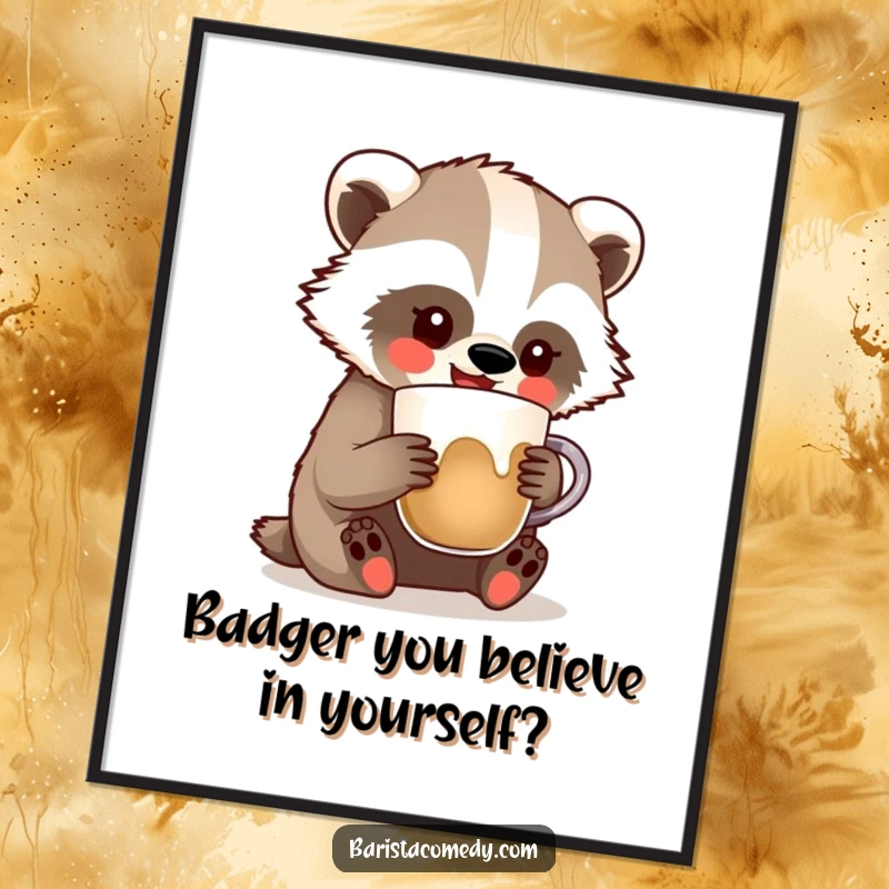 Funny Free Printable Wall Art: A happy badger comically attempts latte art, a delightful piece of coffee-themed downloadable art.