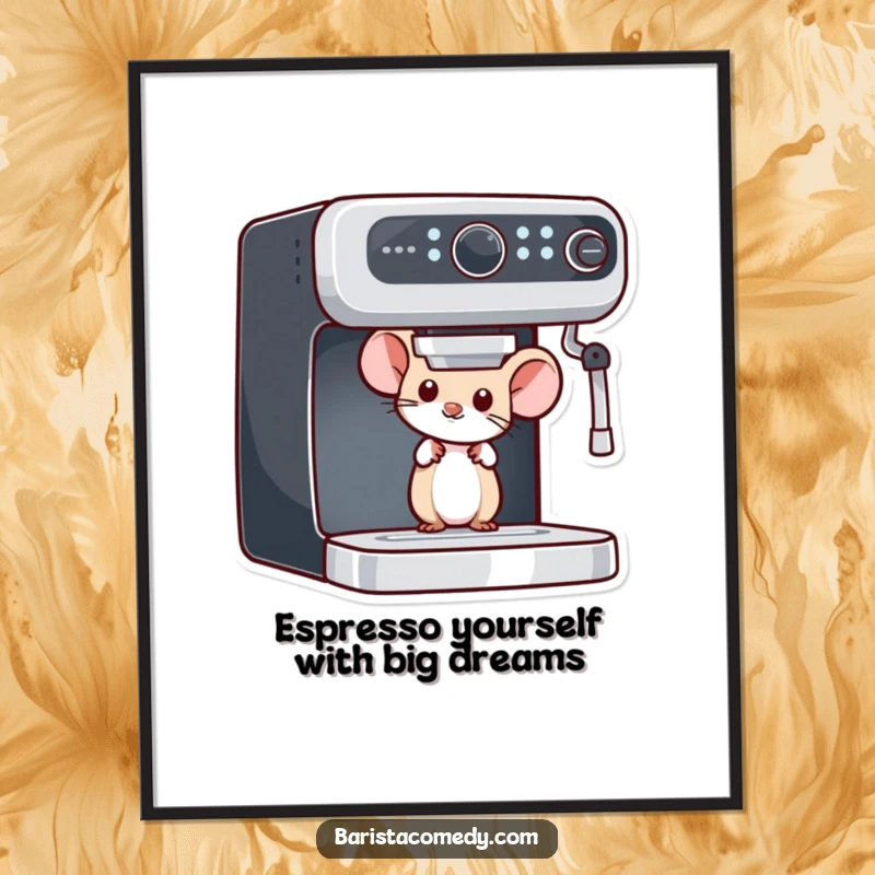 Funny Free Printable Wall Art: A curious mouse peeking from behind an espresso machine, a delightful piece of coffee-themed downloadable art.