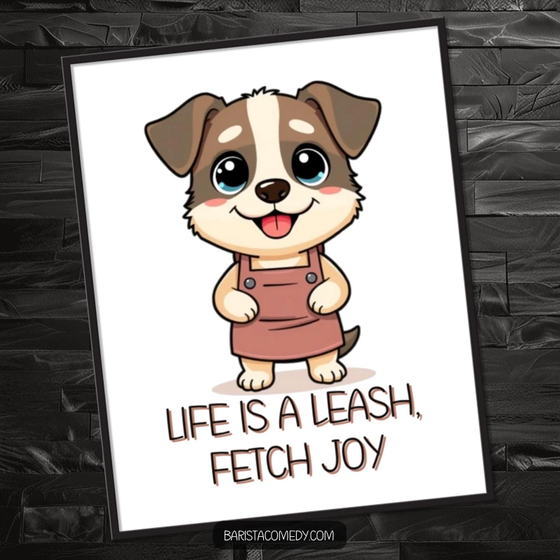 Funny Free Printable Wall Art: A silly dog comically wearing a barista apron, a humorous take on coffee culture art.