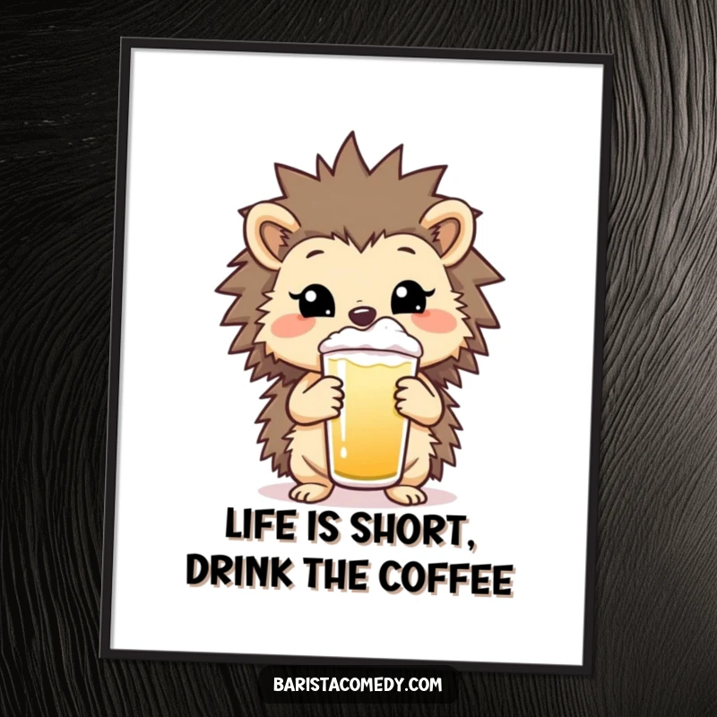 Funny Free Printable Wall Art: A cheerful hedgehog presents a frothy beverage, a delightful piece of whimsical art for your home.