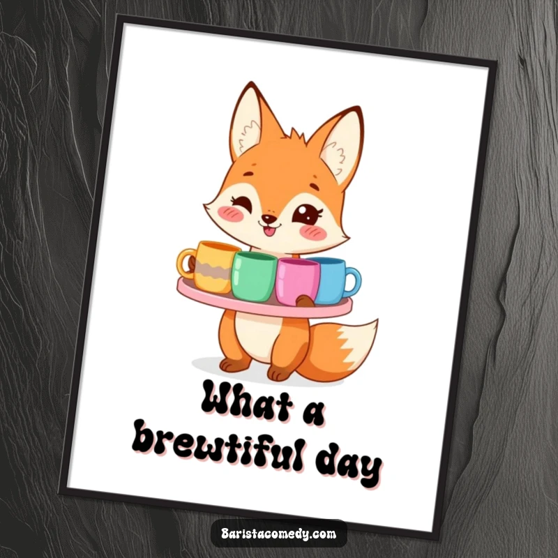 Funny Free Printable Fox Wall Art, a smiling fox holding a tray of colorful mugs, a whimsical and humorous decoration.