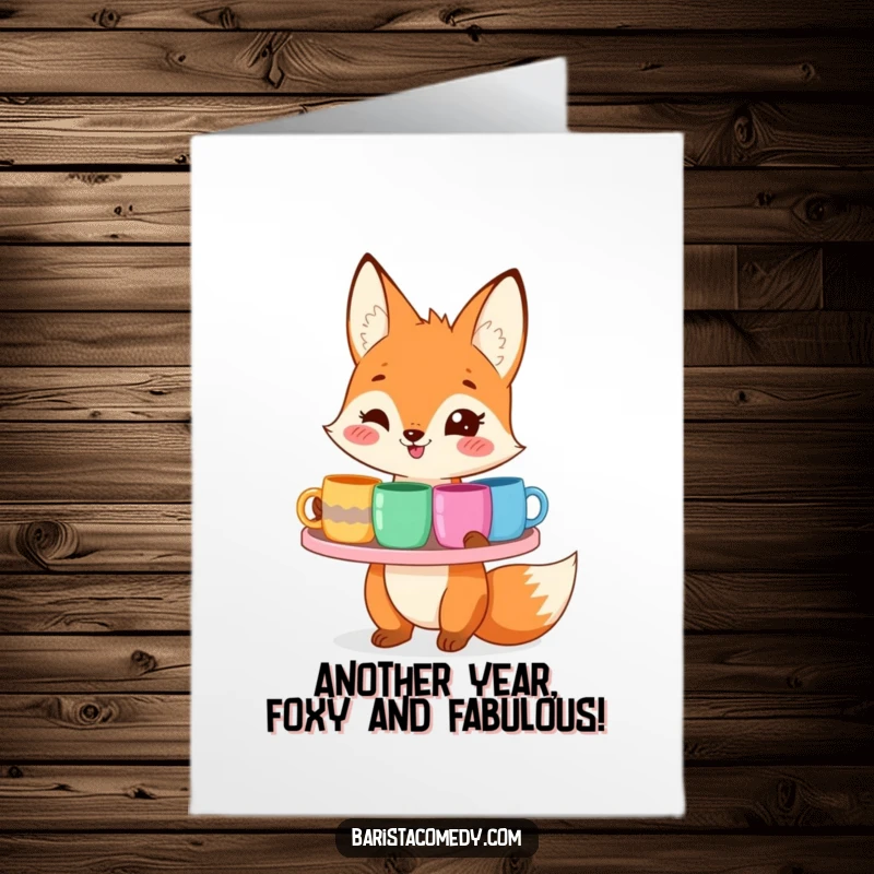 Funny Free Printable Fox Birthday Card, a smiling fox balancing a tray of colorful mugs, ready to celebrate a birthday.