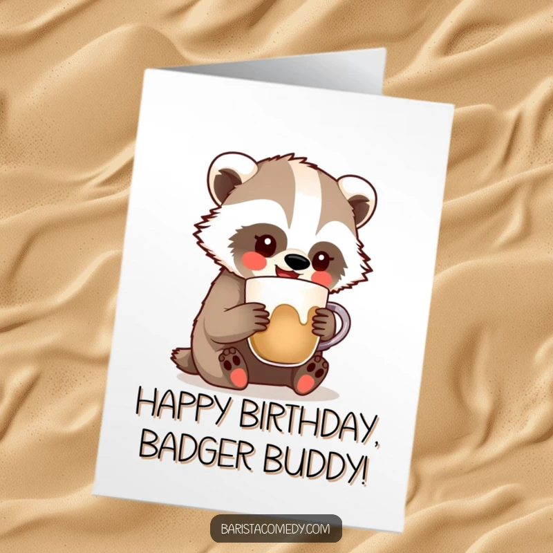 Funny Free Printable Birthday Card: A happy badger comically attempts latte art, creating a masterpiece of mess for their special day.
