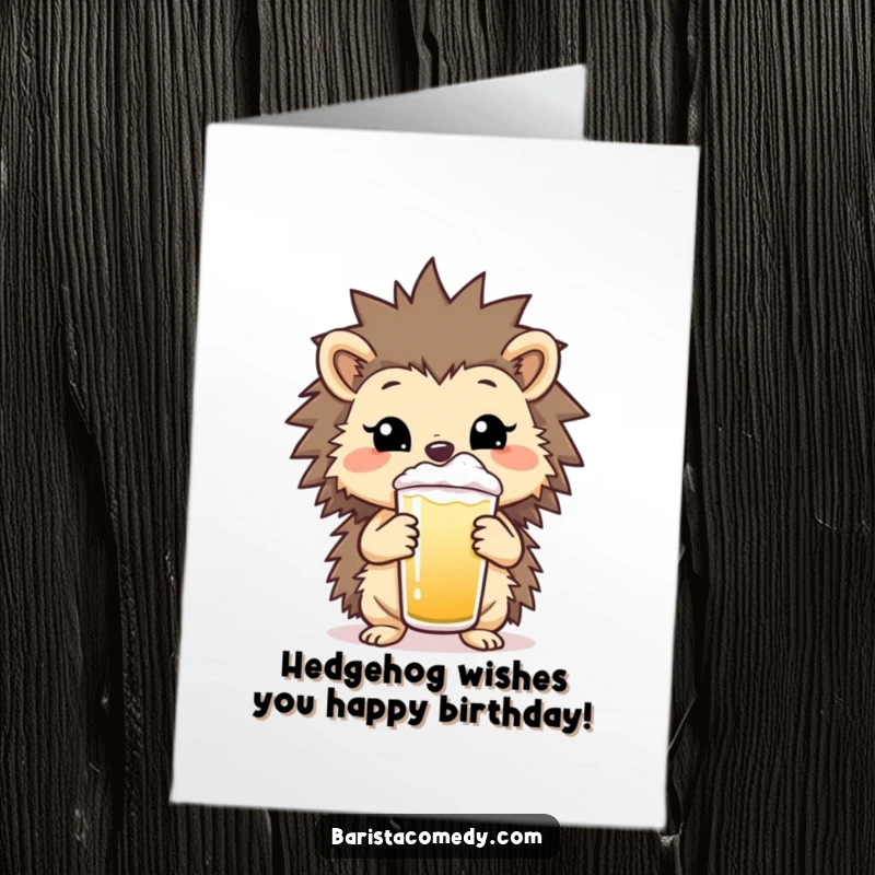 Funny Free Printable Birthday Card: A cheerful hedgehog proudly presents a frothy beverage, ready to toast the birthday star.
