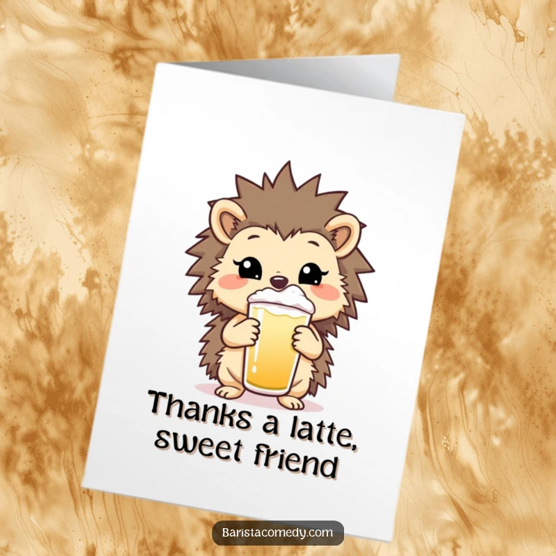 Funny Free Printable Thank You Card: A cheerful hedgehog presents a frothy beverage, a warm gesture of thanks.