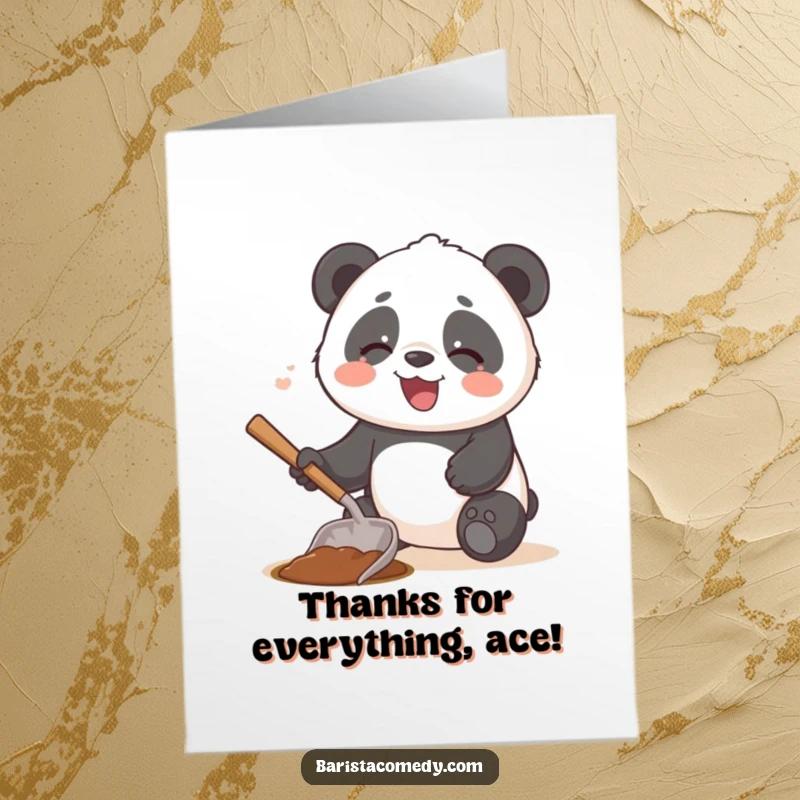Funny Free Printable Panda Thank You Card, a giggling panda using a coffee scoop as a shovel, sharing thanks sweetly.