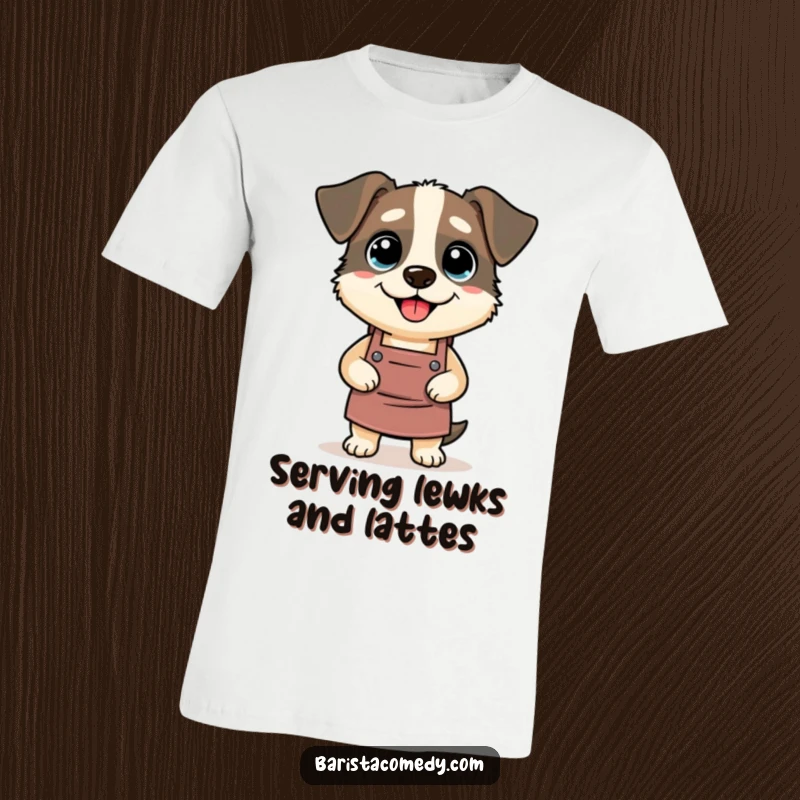 Funny Dog Barista Apron T-Shirt, a silly dog comically wearing a barista apron, a great humorous gift.