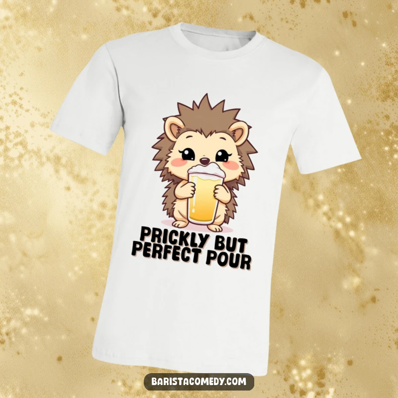 Funny Hedgehog Presenting Drink T-Shirt, a cheerful hedgehog holding a beverage, a great humorous gift.