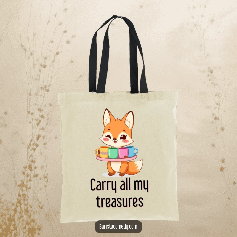 A smiling fox presents a tray piled high with colorful mugs, printed on a fun and practical tote bag.