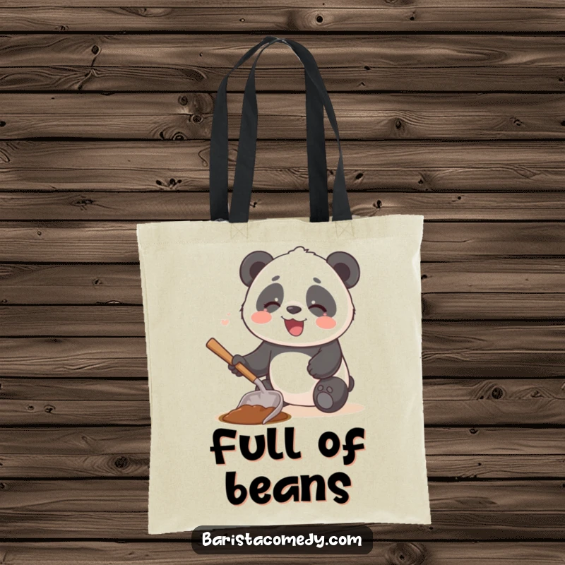 A giggling panda uses a coffee scoop as a tiny shovel on this fun and functional tote bag.
